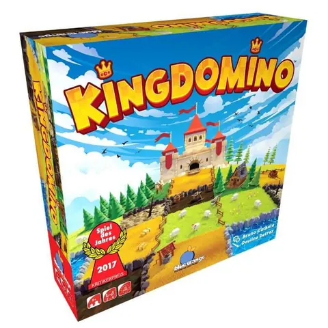 Kingdomino box: a cartoon castle on a patchwork of fields, forest and water under the Kingdomino logo