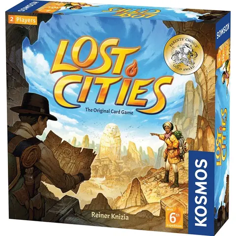 Lost Cities box: two explorers with a map looking out over desert ruins under the Lost Cities title