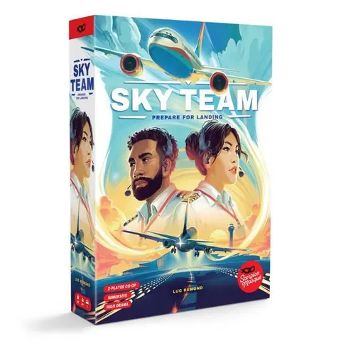 Sky Team box: a pilot and co-pilot in headsets with a passenger plane flying overhead